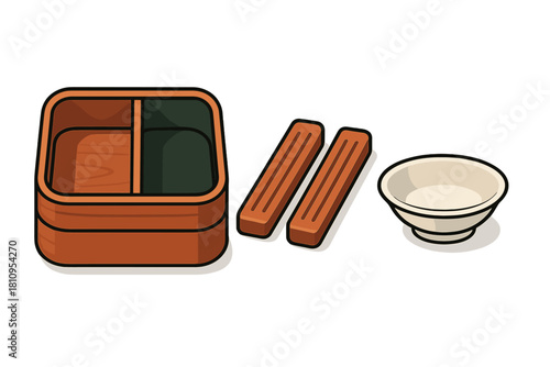 Empty wooden bento lunch box with separate chopsticks and a small ceramic serving bowl