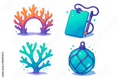 Colorful underwater objects set featuring coral, diving slate, and glass fishing float