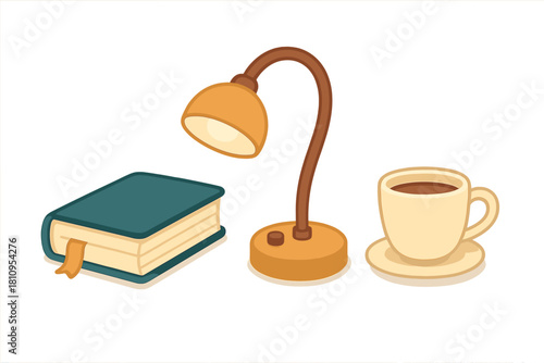 Cozy reading setup with a closed book, glowing desk lamp, and hot coffee mug on a saucer