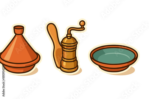 Moroccan tagine cooking pot, spice grinder, and empty serving bowl kitchen tools