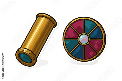Golden spyglass and colorful round gem shield isolated on white background