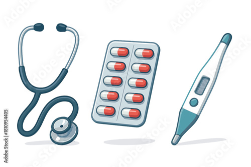 Essential medical tools including a stethoscope, blister pack of pills, and digital thermometer