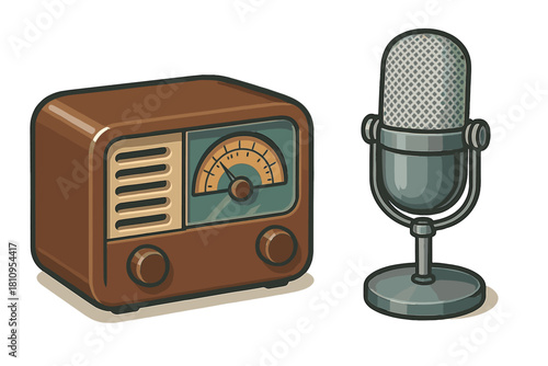 Vintage radio receiver and retro microphone for broadcasting and podcasting equipment