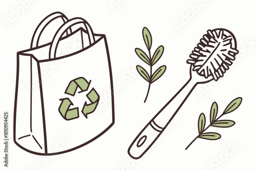 Reusable shopping bag with recycling symbol and cleaning brush