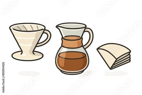 Essential equipment set for manual pour-over coffee brewing featuring dripper, carafe, and paper filters
