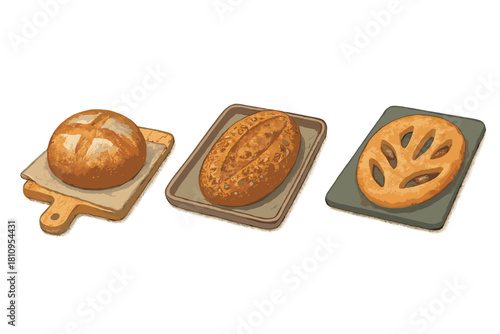 Freshly baked artisan bread loaves including sourdough and seeded varieties on serving boards