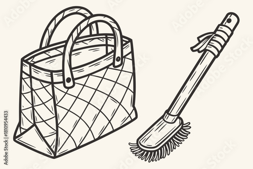 Woven basket and cleaning mop illustration shopping basket