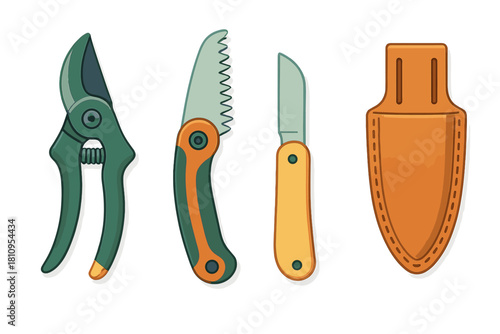 Collection of essential gardening tools: pruning shears, folding saw, grafting knife