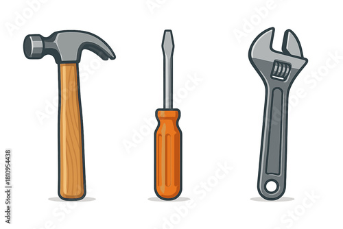 Essential construction and repair tools including a hammer, screwdriver, and adjustable wrench isolated on white
