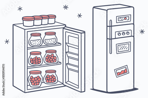 Open refrigerator filled with jars of preserves and a closed fridge