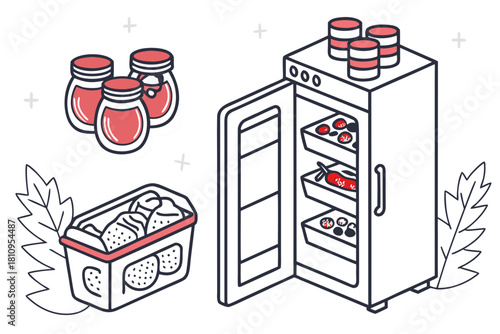 Refrigerator with food jars and basket of produce fridge