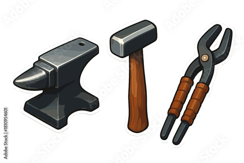 Collection of essential blacksmithing tools including anvil, hammer, and tongs on white background