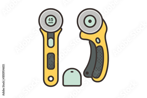 Two perspectives of a modern yellow rotary fabric cutter for sewing and quilting projects