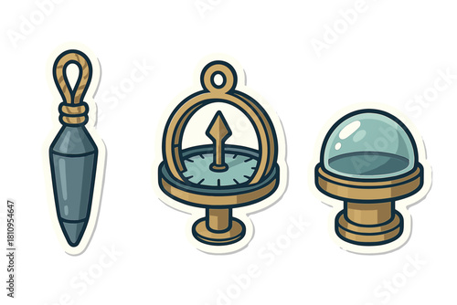 Stylized vintage navigation tools set including antique compass and plumb bob