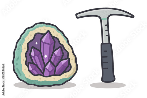 Purple amethyst geode half and geological hammer tool for mining and exploration