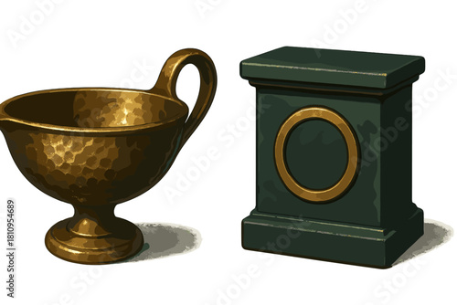 Hammered golden metal vessel and dark green decorative pedestal with a circular gold inlay