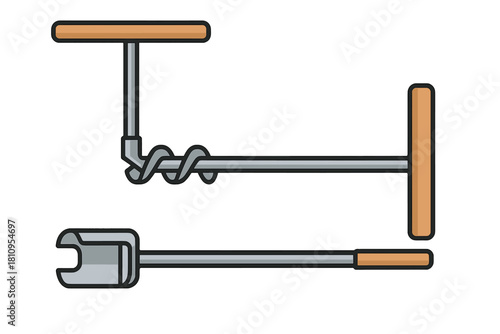 Outdoor camping tools set featuring a ground auger and a tent stake puller with wooden handles