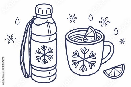 Winter drink and snowflakes line art Keywords: winter, drink, hot drink, beverage, mug, cup