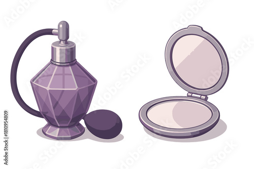 Elegant faceted perfume bottle with atomizer and classic open compact mirror for beauty and cosmetics