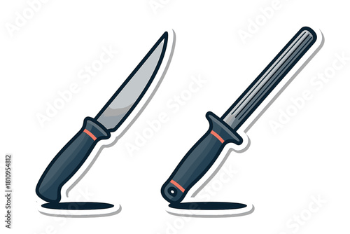 Essential kitchen knife and honing steel graphic sticker set for cooking and culinary themes
