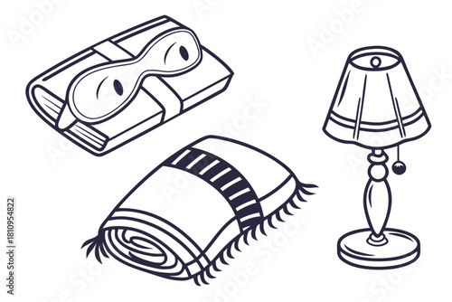 Book, sleep mask, blanket, and lamp illustration eye mask