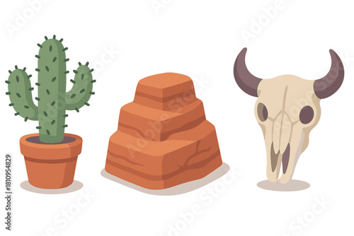Potted cactus, layered rock formation, and bull skull in a desert landscape