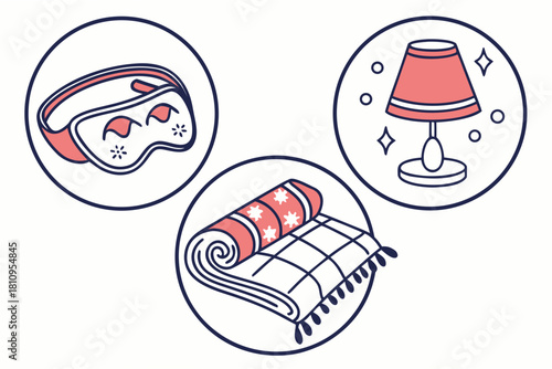 Sleep mask, rolled blanket, and lamp icons eye mask