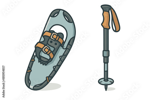 Modern snowshoe and adjustable trekking pole for winter hiking equipment