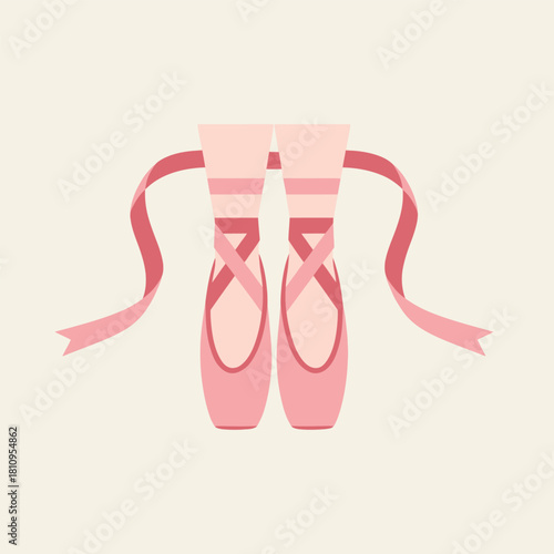 Illustration of pink ballet shoes with ribbons on a light background.