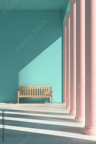 Empty wooden furniture bench seat design in front of a white interior wall and floor