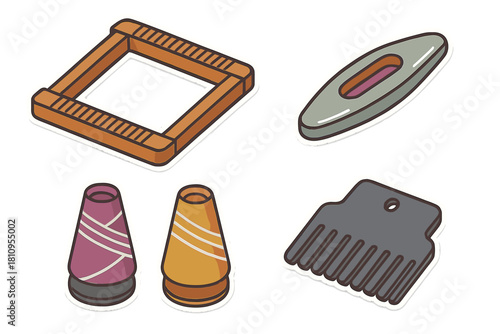 Set of weaving tools including loom, shuttle, yarn spools, and beater comb