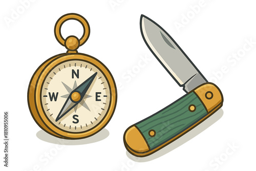 Classic gold compass and open folding pocket knife for hiking and survival equipment