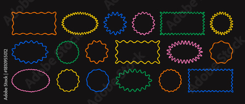 Crayon Line Wavy Frame Oval, Circle, Rectangle Stickers Set. Vector Hand Drawn Pencil Jagged Geometric Shapes in Retro Style. Doodle Abstract Elements for Stamp, Template, Promo Design