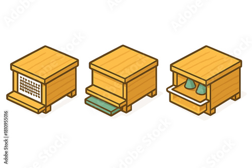 Modern wooden beehive equipment set showing different configurations for beekeeping and honey production