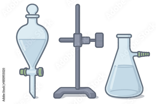 Chemistry laboratory glassware set: separation funnel, retort stand, flask