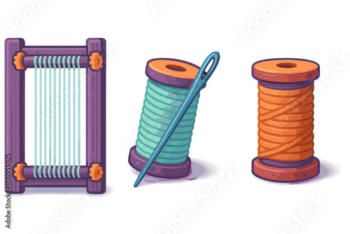 Colorful set of crafting tools including a small weaving loom, thread spools, and a sewing needle
