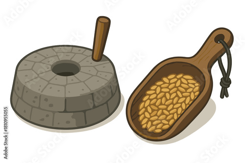 Traditional stone hand mill and wooden scoop filled with raw grain kernels for grinding flour