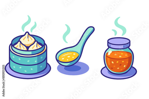 Steaming dumplings in bamboo basket with hot soup spoon and spicy chili sauce jar