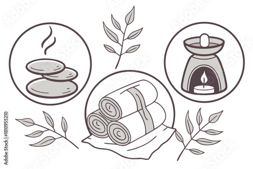 Spa and relaxation elements with leaves stones towels