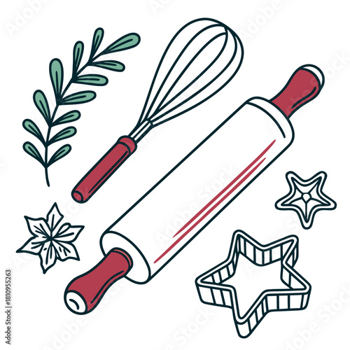 Baking tools and cookie cutters with foliage cooking