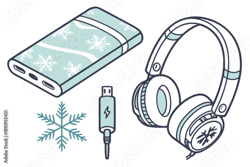 Winter Tech Gadgets and Snowflakes headphones power bank