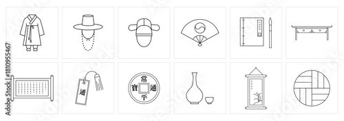 Korean Traditional Costume and Historical Objects Line Icons, Hanbok and Folk Art.