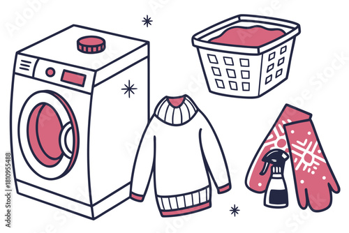 Winter Laundry With Washing Machine Sweater And Mittens
