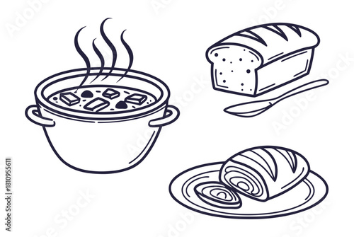 Hand Drawn Food Items Soup Bread and Bread Roll bowl