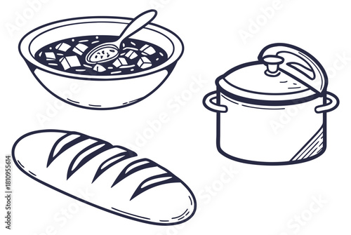 Hand Drawn Food Items Soup Bread and Pot bowl spoon