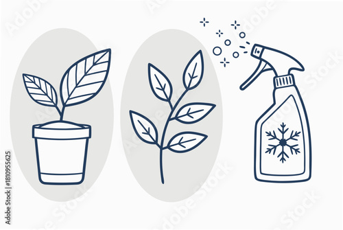 Plant Care Illustration Potted Plant Branch and Spray Bottle