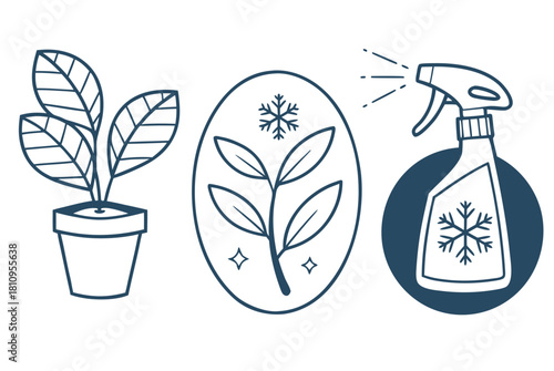 Plant Leaf and Spray Bottle Icons with Snowflakes Keywords: plant, potted plant, leaf, branch