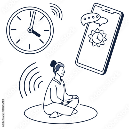 Person meditating with phone and clock, communication concept