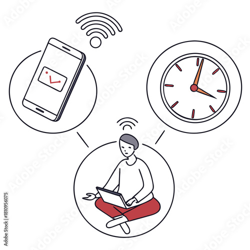 Person working on laptop connected to phone and clock via Wi- Fi