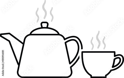 Black and white illustration of a teapot and a teacup with steam rising from them.
